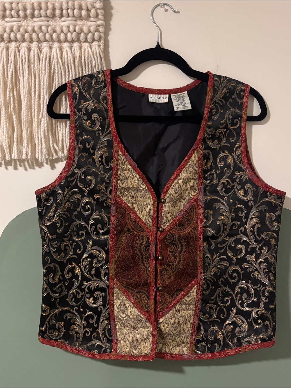 Women’s Black and Gold Brocade Vest with Red Trim